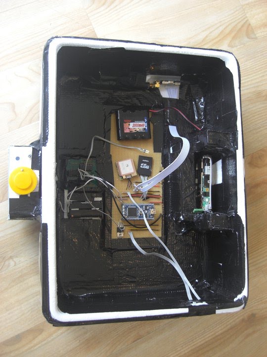 The polystyrene box containing the electronics and cameras for the flight